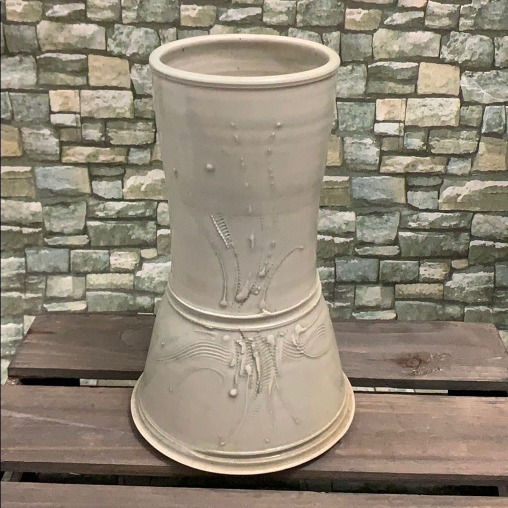 Studio Pottery Vase Carved Wheat Ceramic Stoneware Hourglass Vase Ivory 9.5"